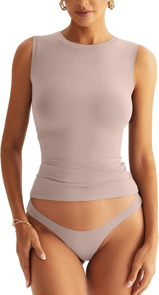 Womens Double Lined Racerback Tank Tops Sleeveless High Neck Fitted Basic Shirts | Amazon (US)