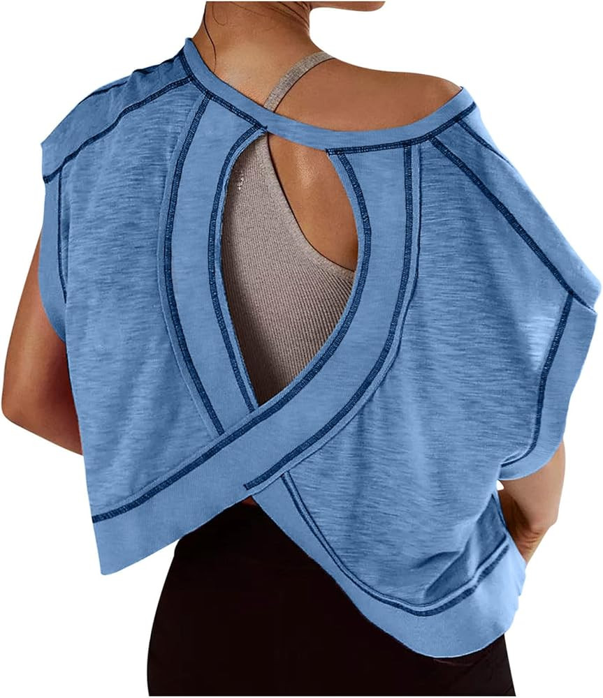 Summer Tops for Womens Open Back Workout Tops Backless Short Sleeve Athletic Shirt Running Crop T... | Amazon (US)