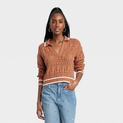 Women&#39;s Collared Polo Pullover Sweater - Universal Thread&#8482; Rust Striped XS | Target