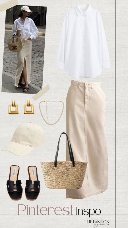 Pinterest Inspo | Denim Maxi skirt | White Button Down | Woven Bag | Gold Accessories | Tan Baseball Cap |

#LTKStyleTip #LTKShoeCrush #LTKSeasonal