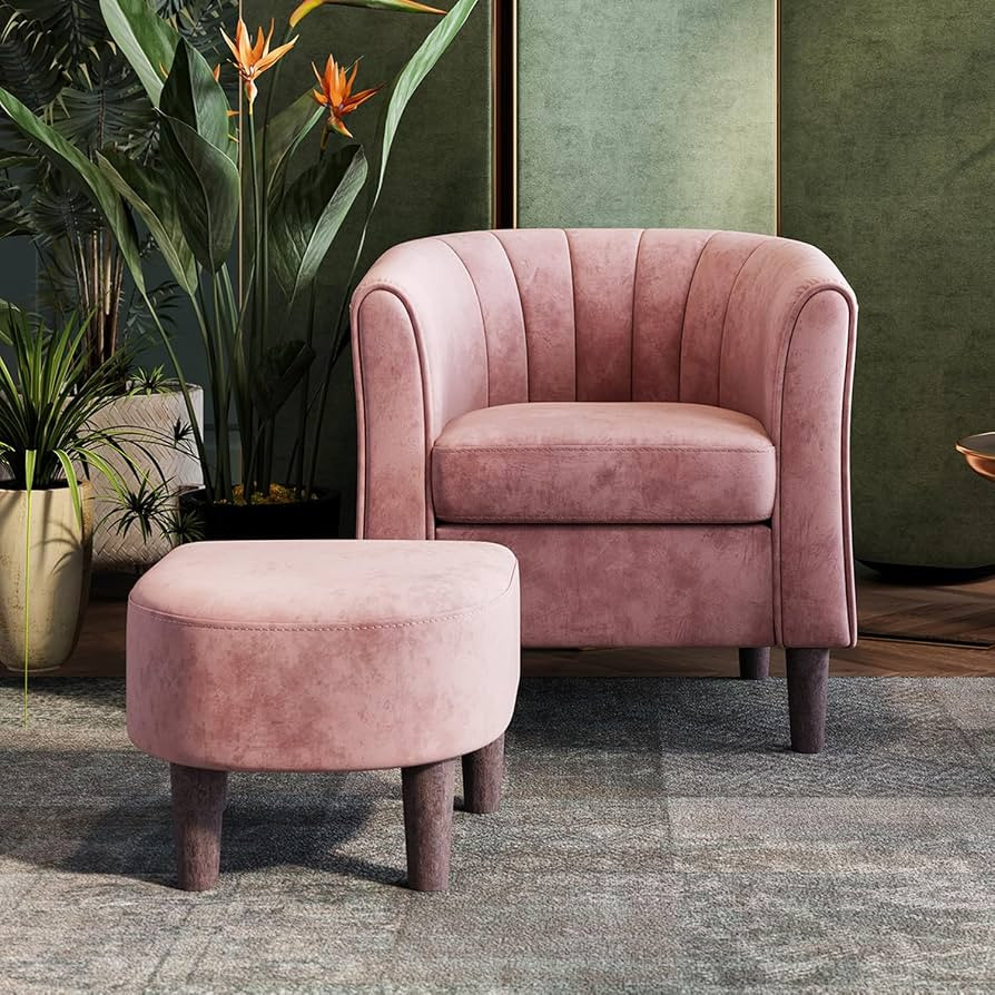 LINSY Velvet Accent Chair, Barrel Chair with Ottoman, Modern Comfy Reading Chair Armchair for Liv... | Amazon (US)