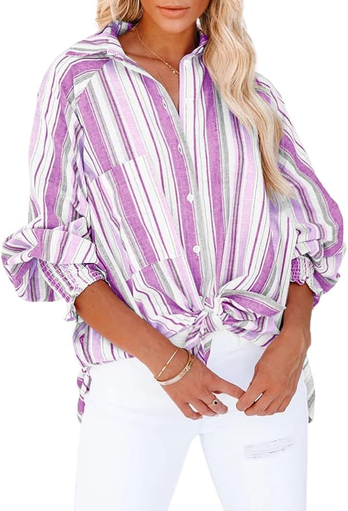 SySea Womens Button Down Shirts Long Sleeve Striped Casual Loose Blouse Tops with Pockets | Amazon (US)