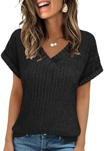 ANRABESS Women Tops Summer Sweaters Short Sleeve V Neck Shirts 2026 Spring Fashion Dressy Casual ... | Amazon (US)