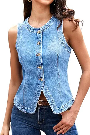 ELLEVEN Women’s Crew Neck Denim Vest Summer, Button Down Fitted Jean Vest Top for Women Casual ... | Amazon (US)