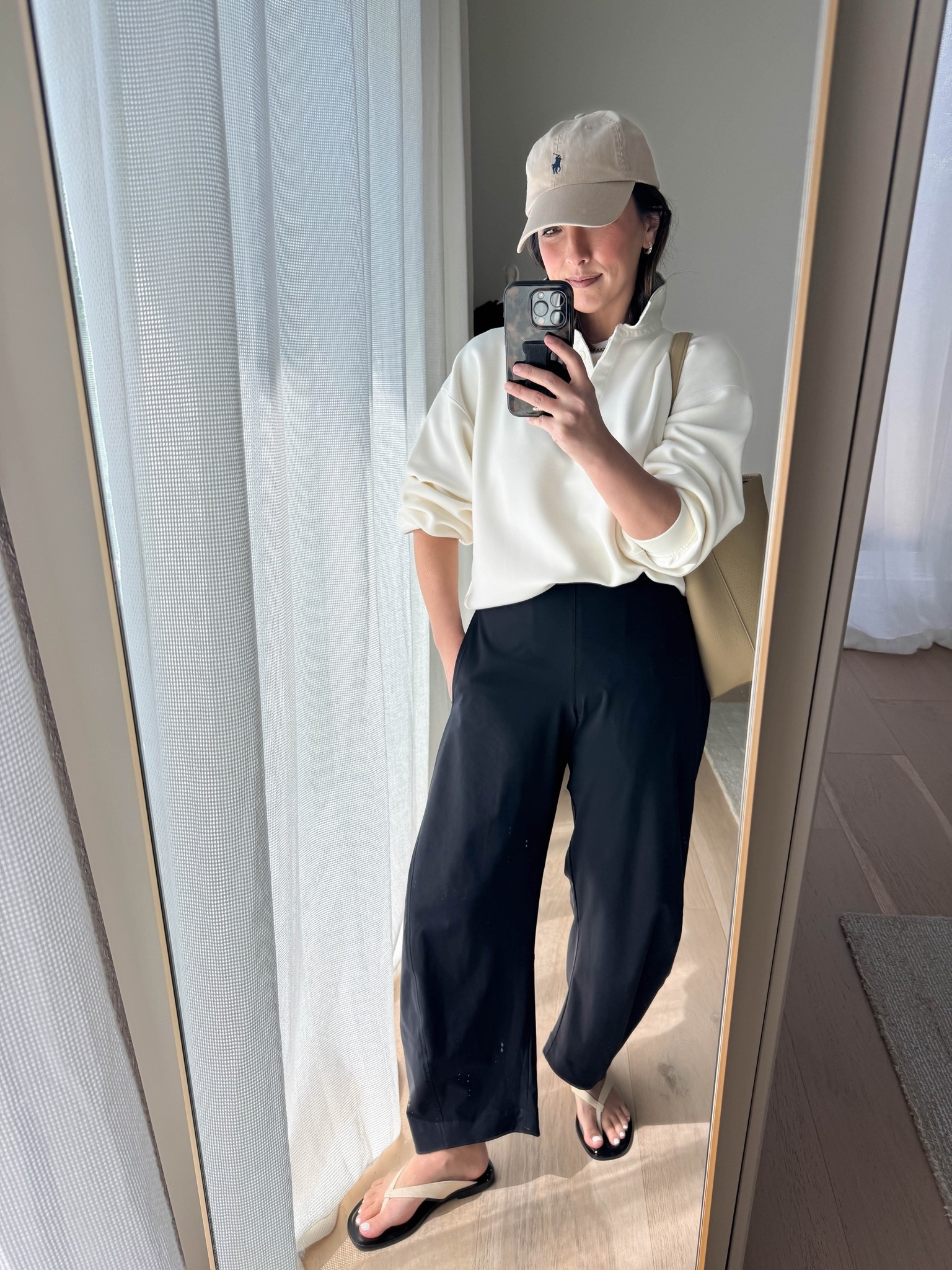 Athleisure mom outfit perfection ☁️

J.crew collared sweatshirt small - old
Ruti pants petite 4
Everlane leather sandals 5
The Row bag medium
Polo Ralph Lauren hat
Electric picks earrings
Dorsey James necklace 

Petite style, athleisure, spring outfits 2026

#LTKmomlife #LTKootd #LTKPetite