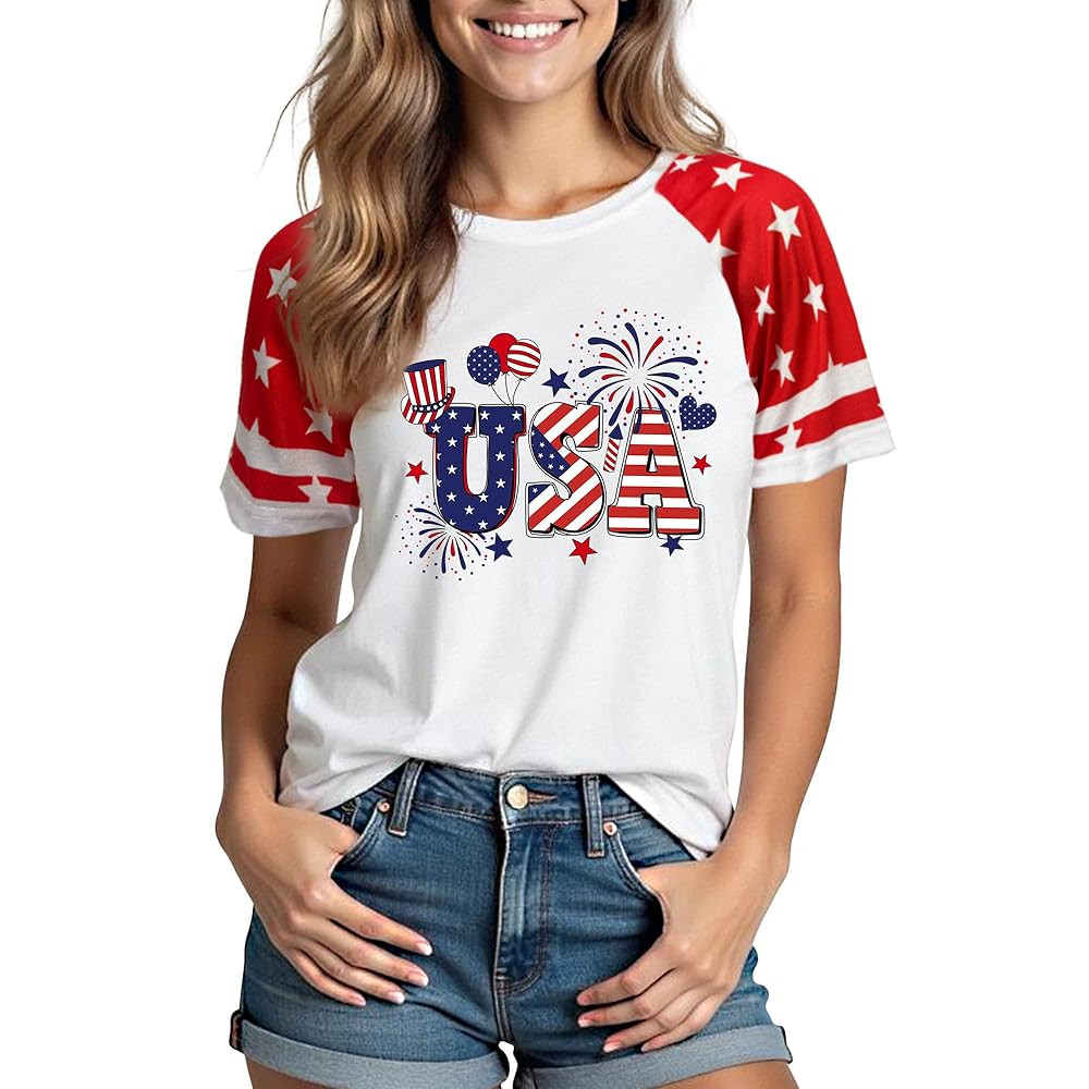 4th of July Shirts Women:USA Color-Blocking Short-Sleeve American Flag Crew Neck Graphic Tee Patr... | Amazon (US)