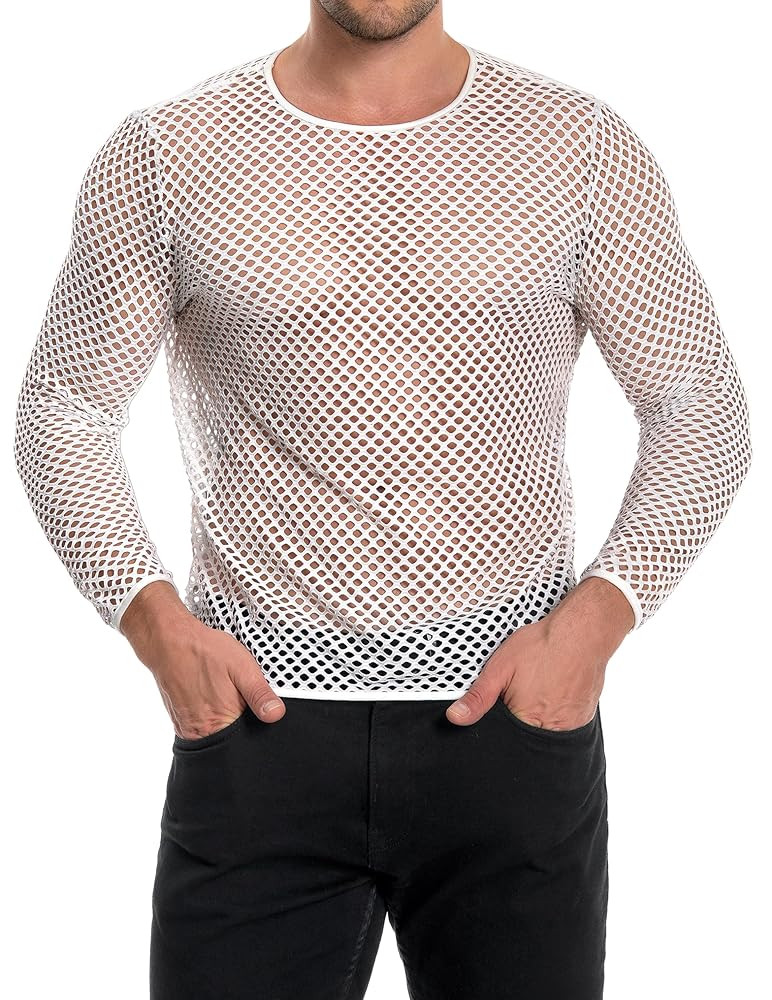 Men's Mesh Fishnet Top Long Sleeve Sheer See Through T Shirt Fitted Muscle Blouse Clubwear | Amazon (US)