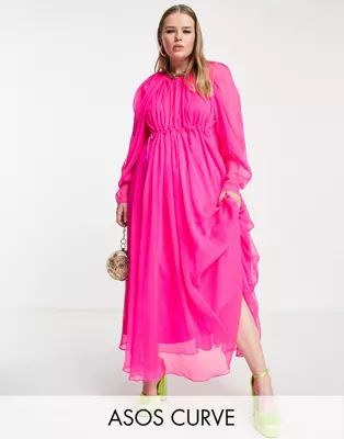 ASOS EDITION Curve midi dress with ruched detail in bright pink | ASOS (Global)