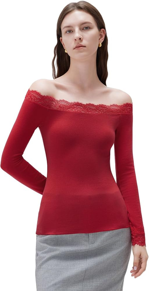 SUUKSESS Cloud Cashmere Women Lace Off Shoulder Long Sleeve Shirt Basic Knit Top | Amazon (US)