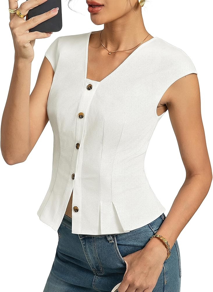 Kate Kasin Womens Button Down Crop Tops, Cap Sleeve Work Shirt, Slim Fit Cute Vest Trendy | Amazon (US)