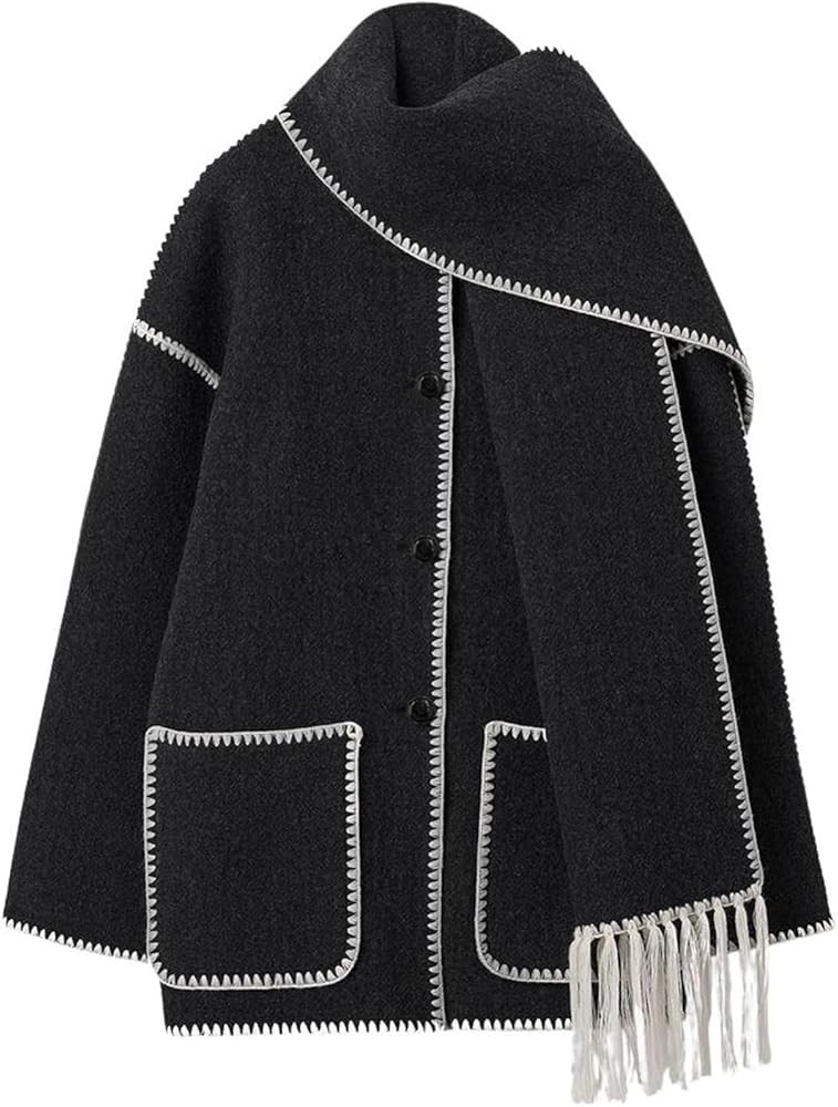 utcoco Womens Winter Wool Coats Embroidered Button Down Woolen Blend Trench Coat with Tassel Scar... | Amazon (US)