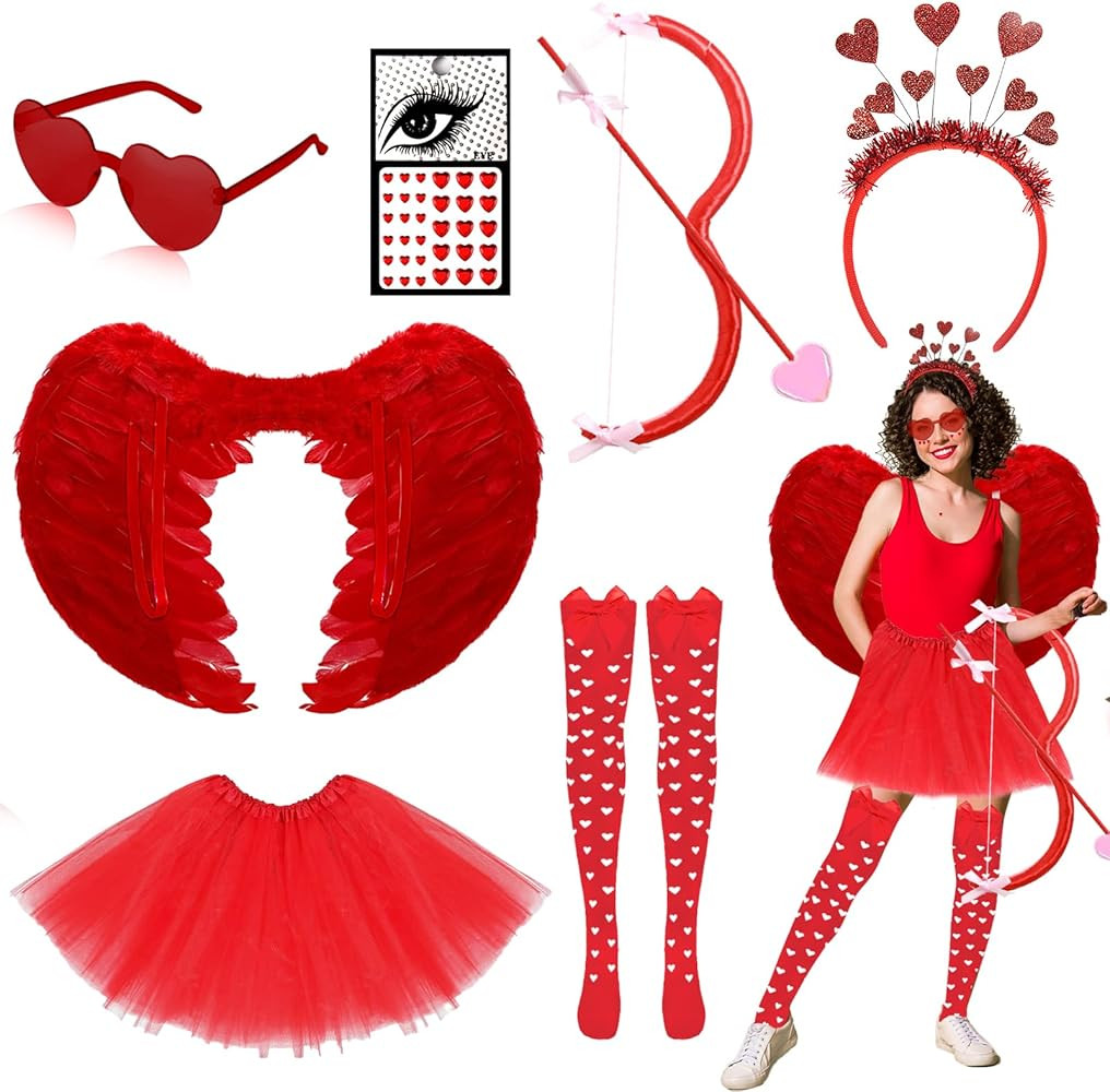 8 Pcs Halloween Cupid Costume, Feather Wings, Cupid Bow and Arrow, Bow High Stockings, Tutu Skirt, H | Amazon (US)