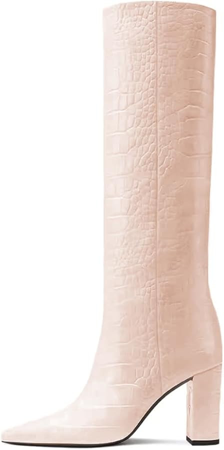 iadore Women's Knee High Boots Crocodile Pattern Low Heel Boots Slip On Pointed Toe Boots for Cas... | Amazon (US)
