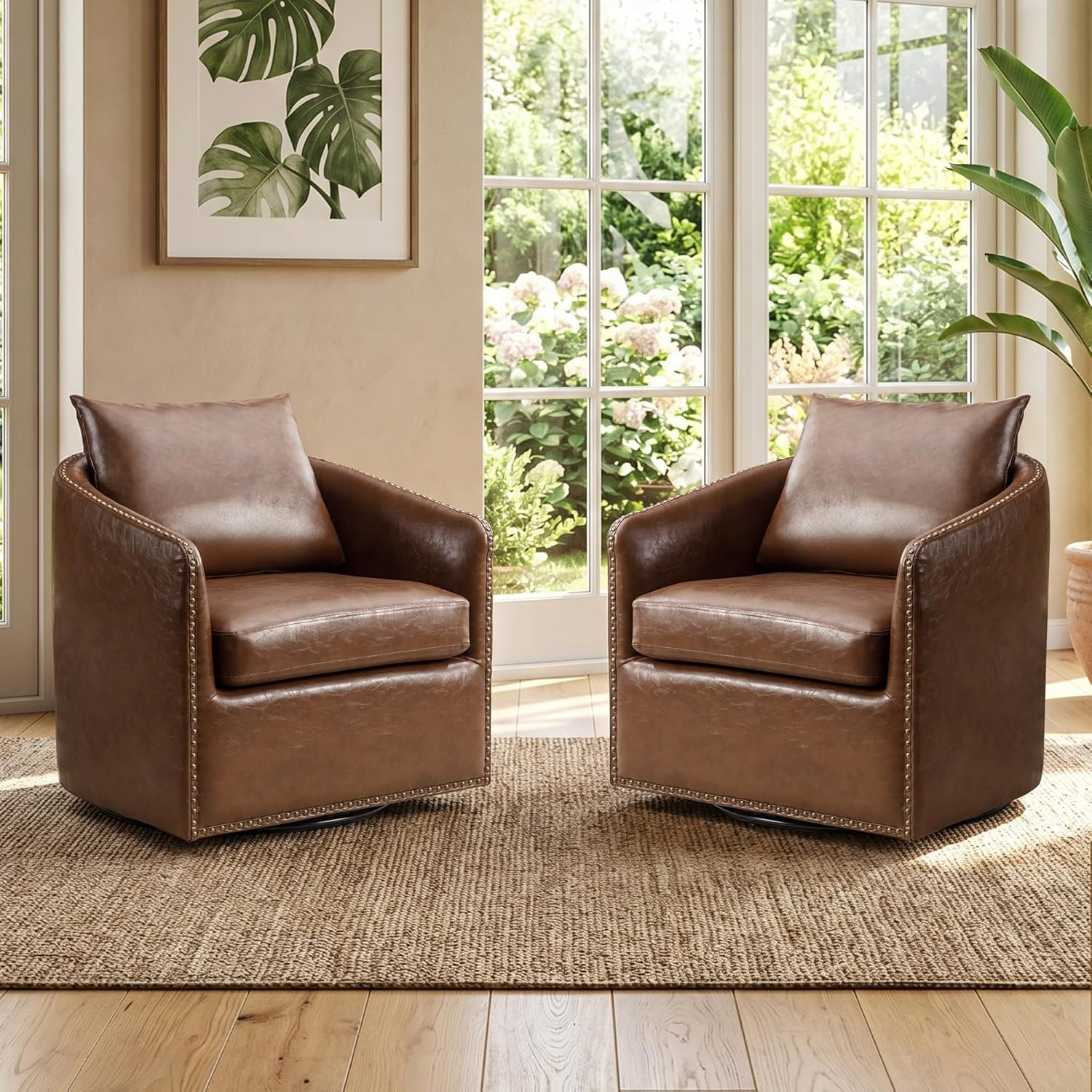 360 Degree Swivel Accent Chair Set of Two with Plump Back Pillow, Waterproof Oil Waxed PU Leather Swivel Armchair with Rivets, Comfy Vintage Round Barrel Chair for Living Room | Amazon (US)