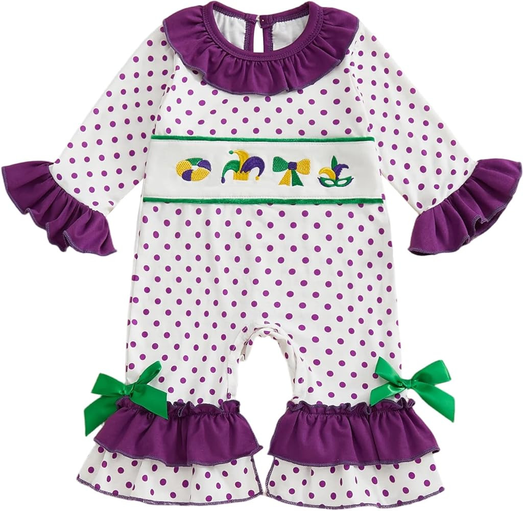 Mardi Gras Baby Outfit Girls Bell Long Sleeve Romper Embroidery Smocked Outfit Spring Clothes New... | Amazon (US)