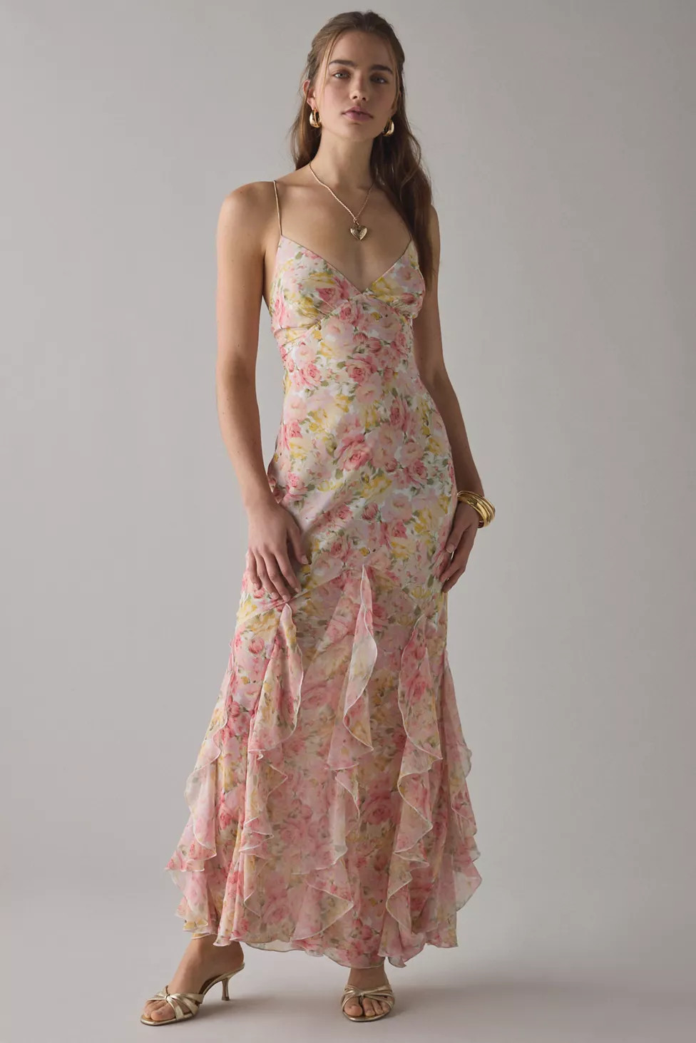 For Love & Lemons Elea Cascading Ruffle Chiffon Maxi Dress | Urban Outfitters (US and RoW)
