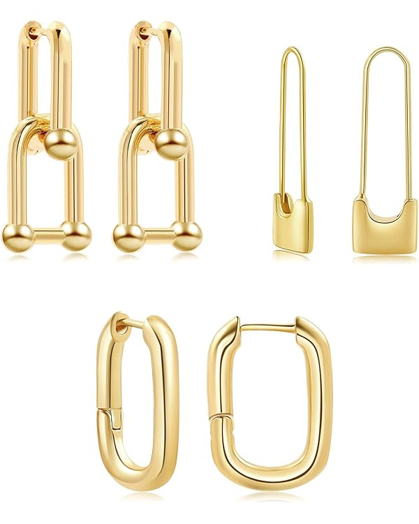 SLOONG 3 Pairs 14k Gold Plated Ball U Shape Pin Y2K Style Chunky Earring Link Chain Chunky Circle... | Amazon (US)