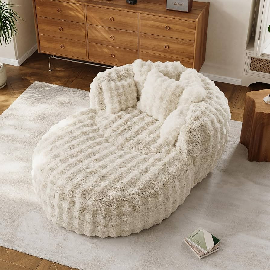 55" W Oversized Round Chaise Lounge Chair with Ottoman Indoor Boneless Faux Fur Plush Fluffy Circ... | Amazon (US)