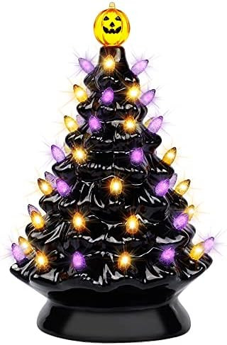 yofit Halloween Decorations 9 Inch Ceramic Tree, Pre-Lit Pumpkin Tabletop with Purple Orange Ligh... | Amazon (US)