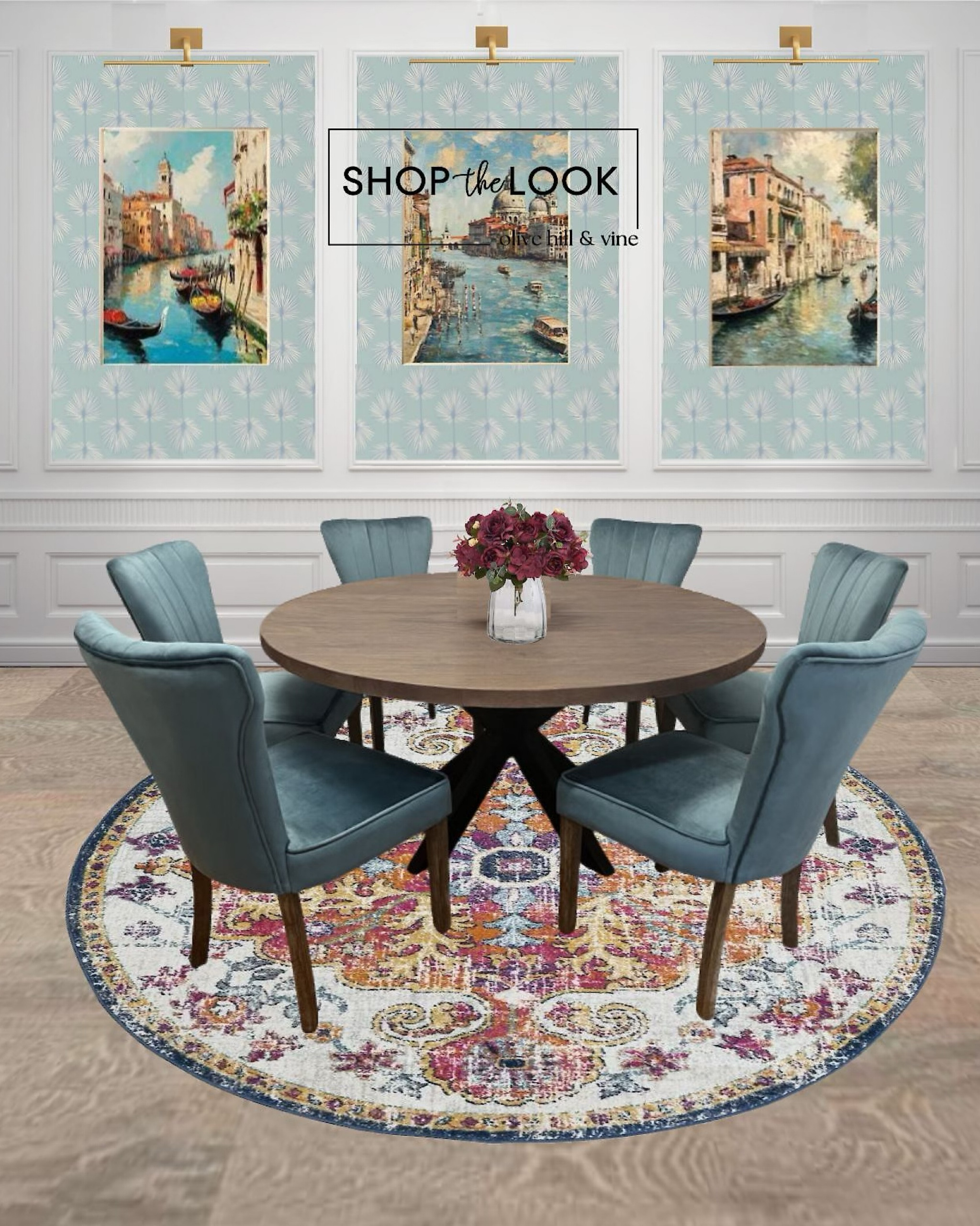 Step into sophistication with a dining room that balances serene pale blue tones with bold pops of burgundy. The vintage-inspired Turkish rug and velvet chairs encircle a mango wood table, while soft blue wallpaper and Venice-inspired art complete this elegant, timeless space. 

#LTKStyleTip #LTKHome #LTKFamily