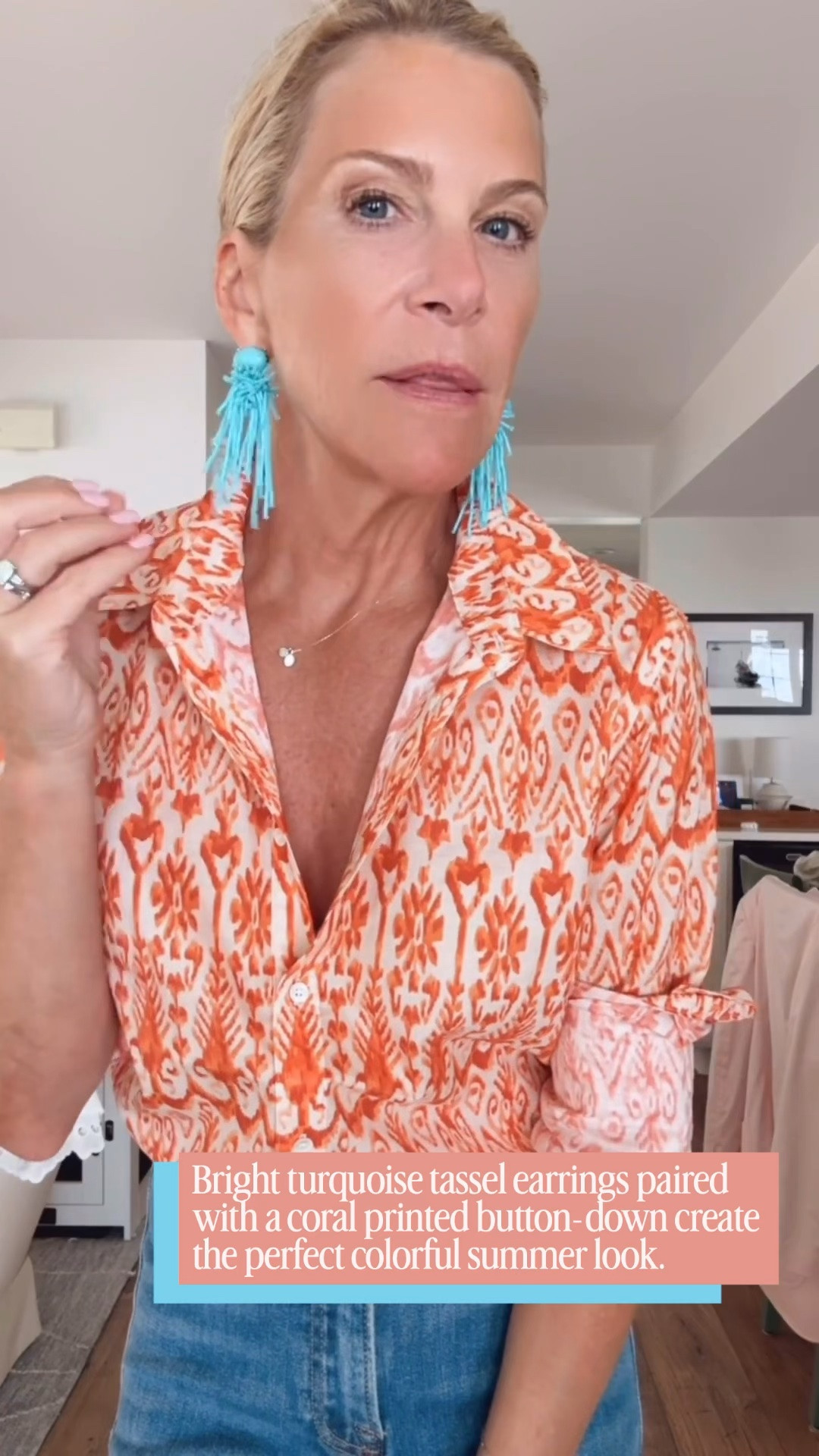 These turquoise tassel earrings are the perfect statement piece! I paired them with a coral printed button-down and a classic tortoise bangle for an easy look that feels polished, colorful, and perfect for summer.

👩‍💻 LTK PRO TIPS
❤️ Heart = Support my posts ;-)
🔖 Save = Get sale & restock alerts for the things you love!
📋 Lists = Keep favorites organized (List ideas: Christmas, Birthdays, and Vacations!)
📲 Share = Send lists and products to a friend (or your daughters like me).
💬 Comment = Ask me anything, and I’ll answer. ;-)

#LTKootd #LTKOver40 #LTKSeasonal