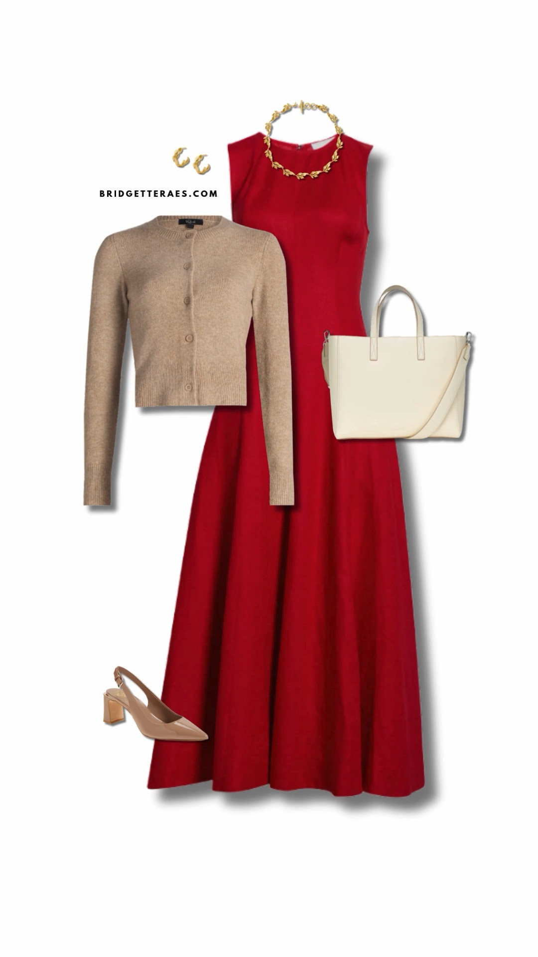 A statement-making red dress sets the tone for this confident, polished look, striking the perfect balance between bold and refined. 
The soft neutral cardigan adds warmth and approachability, toning down the intensity while keeping the outfit work-appropriate. Nude heels elongate the silhouette and keep the focus on the clean lines of the dress, while a structured cream bag adds a crisp, professional finish. Gold jewelry brings in just the right amount of shine, elevating the entire look without overpowering it. It’s a powerful yet approachable outfit that feels poised, feminine, and ready for any leadership moment.

#LTKOver40 #LTKWorkwear #LTKootd