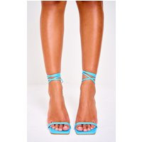 Blue PU Square Toe Lace Up Mid Heeled Sandals | PrettyLittleThing US