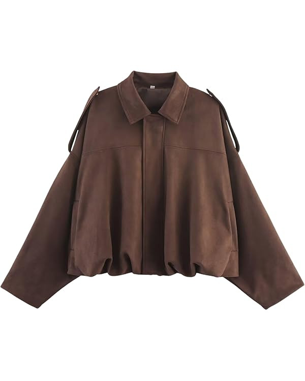 Xunger Women's Faux Suede Bomber Jacket Spring Lapel Pilot Coat Casual Oversized Long Sleeves Tre... | Amazon (UK)
