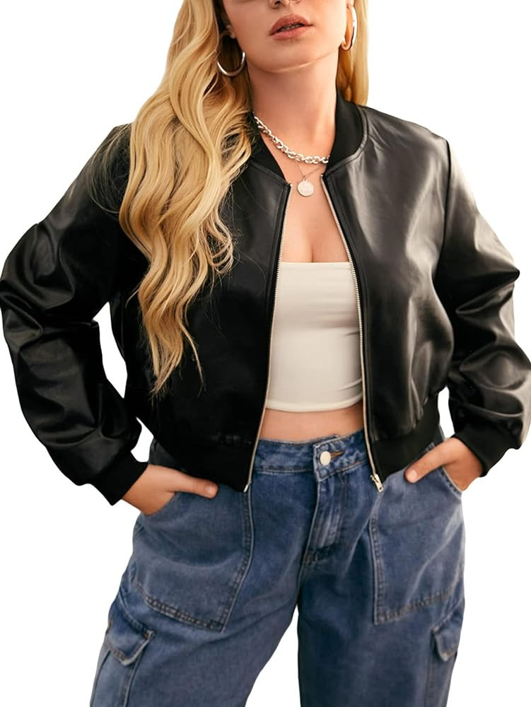 MakeMeChic Women's Plus Size Casual Faux Leather Jacket Zip Up PU Leather Bomber Jacket Outerwear | Amazon (US)