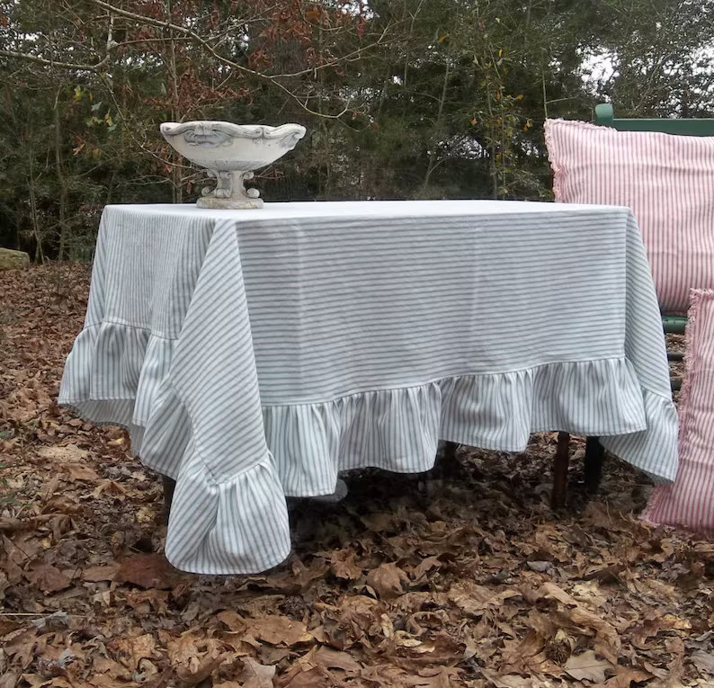 Custom Ticking Tablecloth Striped Tablecloth Ruffled Tablecloth French Cooutry Handmade Wedding D... | Etsy (US)