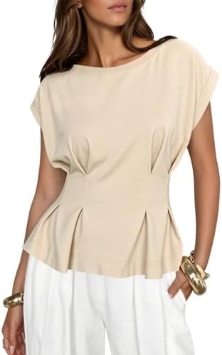 Cicy Bell Womens Peplum Tops Summer Babydoll Cap Sleeve T-Shirts Dressy Casual Crew Neck Pleated ... | Amazon (US)