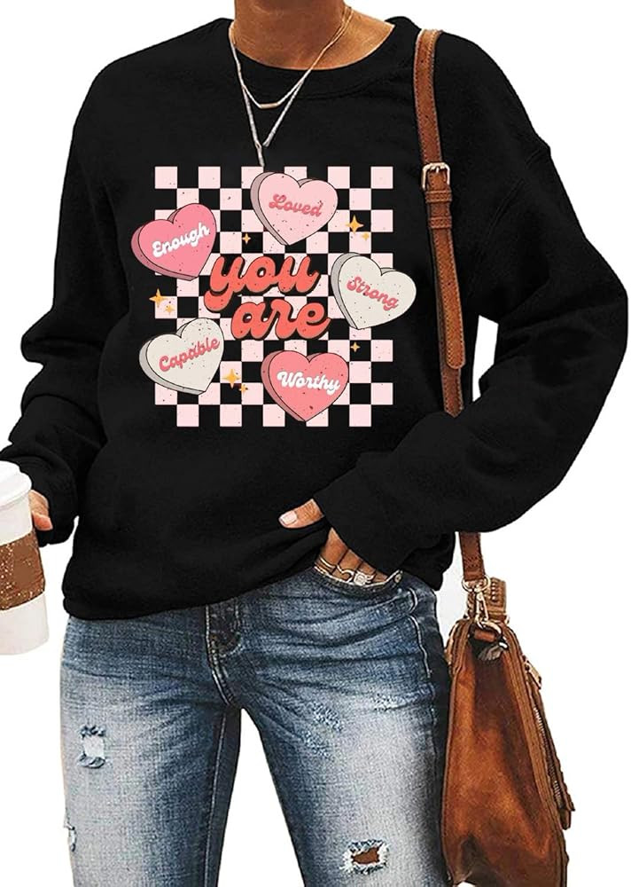 Ykomow Valentines Day Shirts Women Plaid Love Heart Valentines Day Sweatshirts Raglan Tops | Amazon (US)