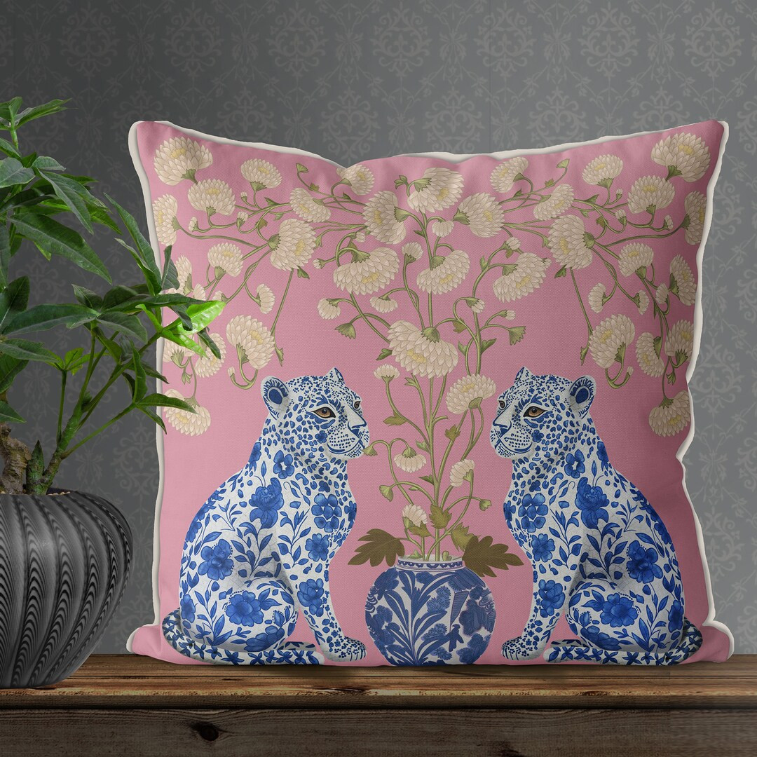 Chinoiserie pillow cover, Leopard Twins on Pink, Modern Chinoiserie cushion cover, high end Pillo... | Etsy (US)