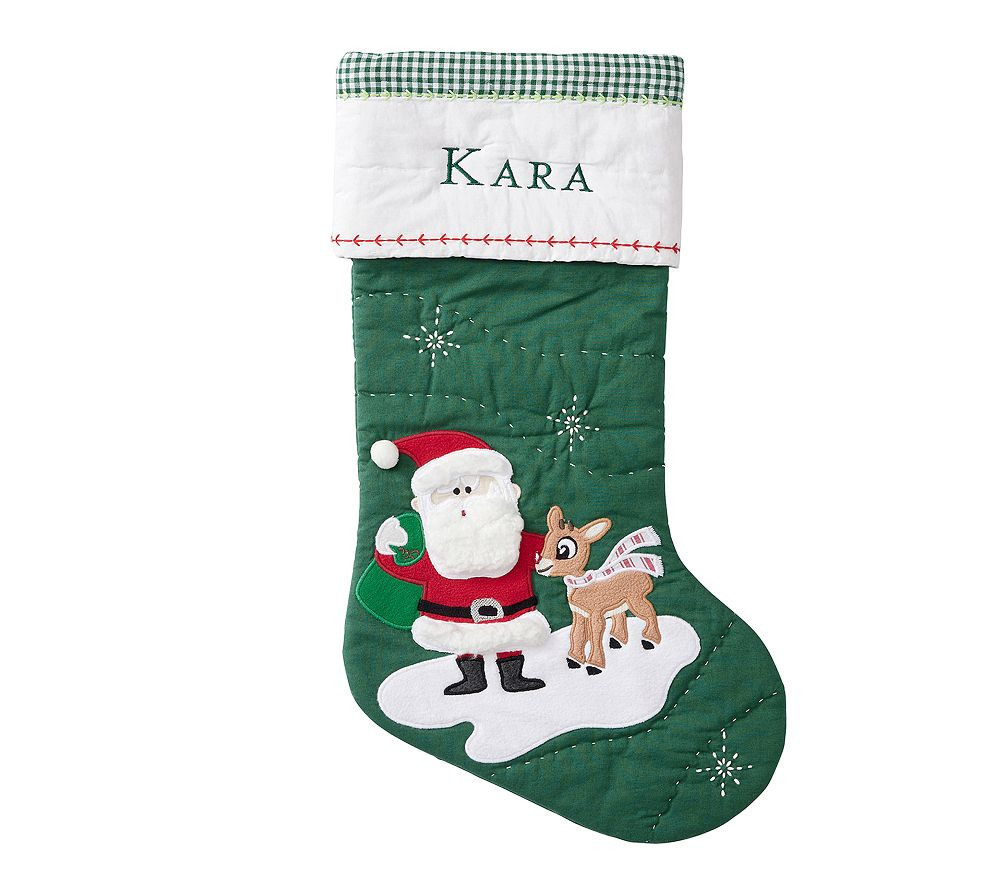 Quilted Stockings. Green Santa with Rudolph(R) | Pottery Barn Kids