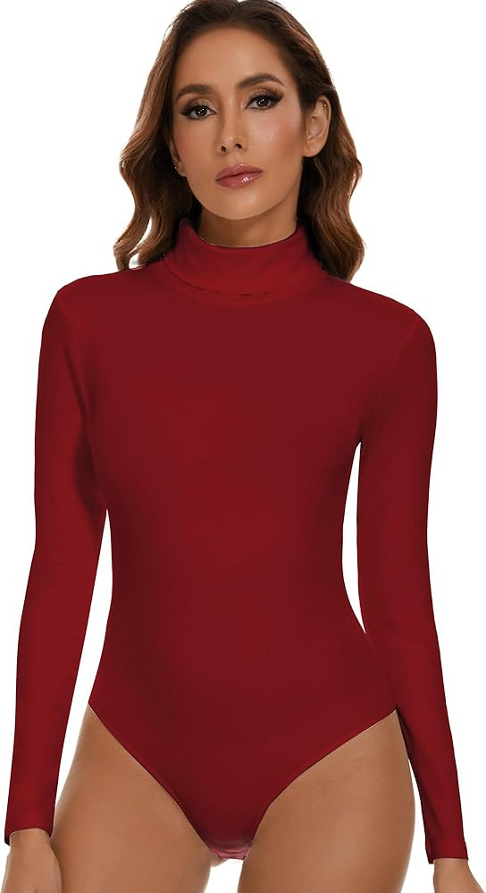 SHAPERIN Women's Mock Turtle Neck Long Sleeve Bodysuit Tops Sexy T Shirt Leotard Jumpsuit | Amazon (US)