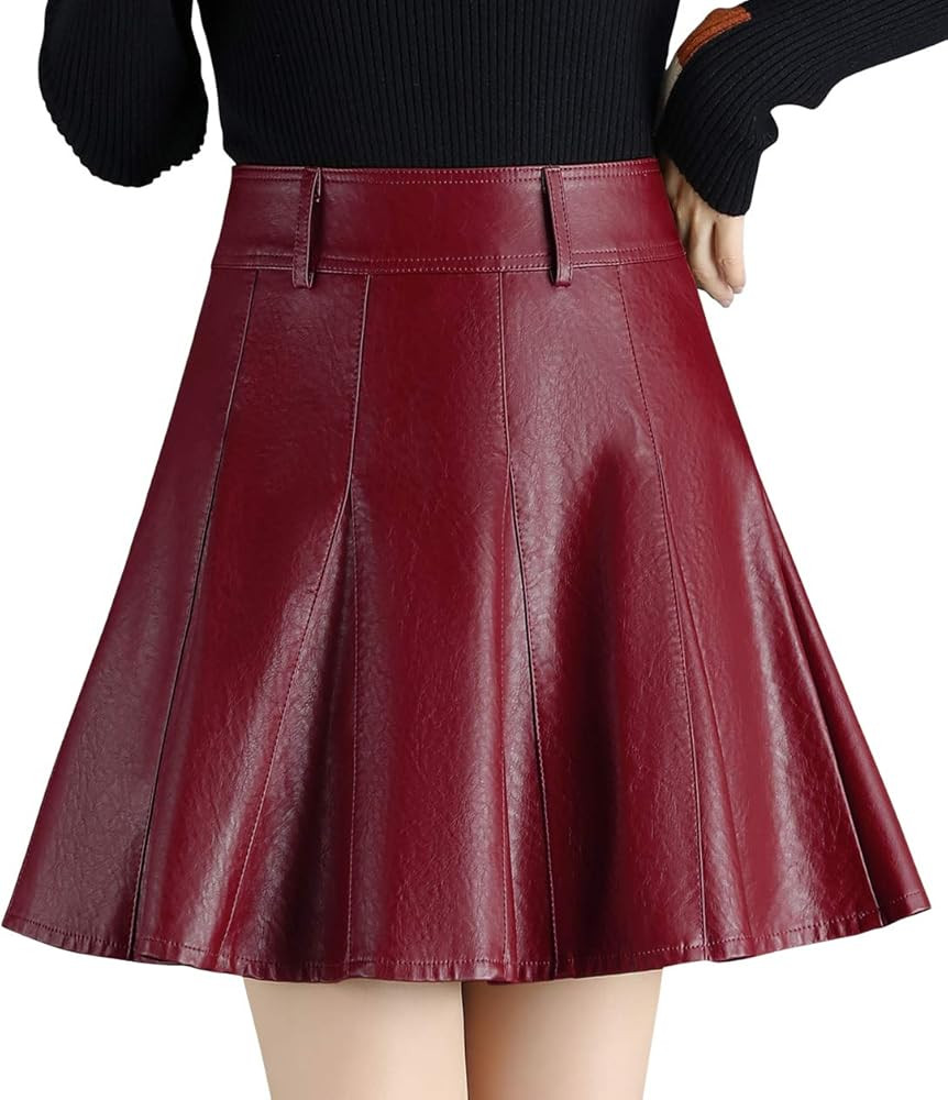 chouyatou Women's Casual Side Zipper Flare Pleated Faux Leather Skater Skirts | Amazon (US)
