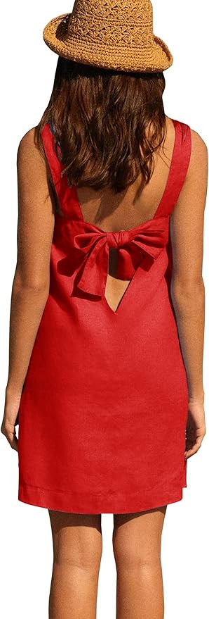 Lumister Womens Cotton Linen Dress Sleeveless Crew Neck Back Bow Summer Mini Dresses with Pocket | Amazon (US)