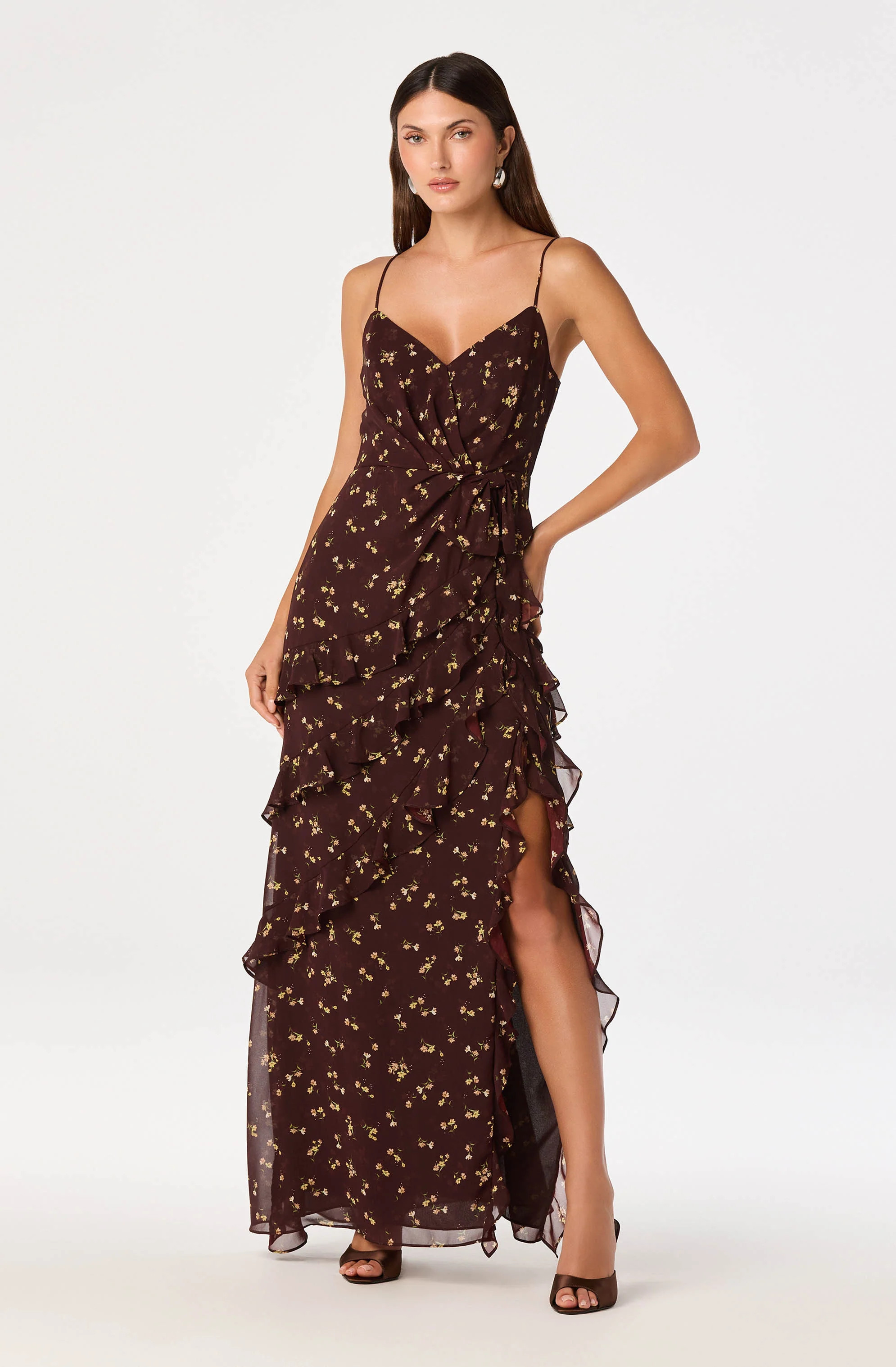 Abriella Ruffle Maxi Dress - Brown floral / XS | ASTR The Label (US)