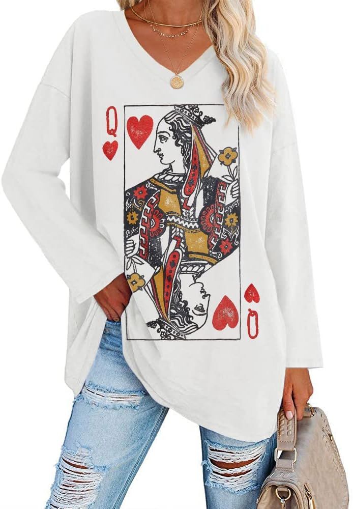 Womens Oversized Long Sleeve Queen Of Hearts Graphic T Shirts V Neck Casual Loose Fit Tees Tunic ... | Amazon (US)