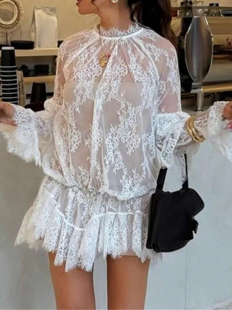 Women's Elegant Sexy Sheer Lace Mini Dress, Long Sleeve Stand Collar, Mesh Sheer, Ruffle Hem Design, Elegant For Party & Cocktail, Spring/Summer White | SHEIN