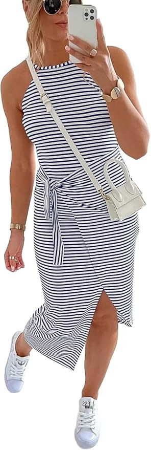 NOLLSOM Women Casual Sleeveless Striped Tank Midi Dresses Halter Neck Ruched Bodycon DressesTie Wais | Amazon (US)