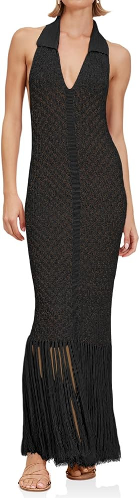 Saodimallsu Womens Halter Crochet Cover Up Fringe Sexy Backless Sleeveless V Neck Collared Vacati... | Amazon (US)