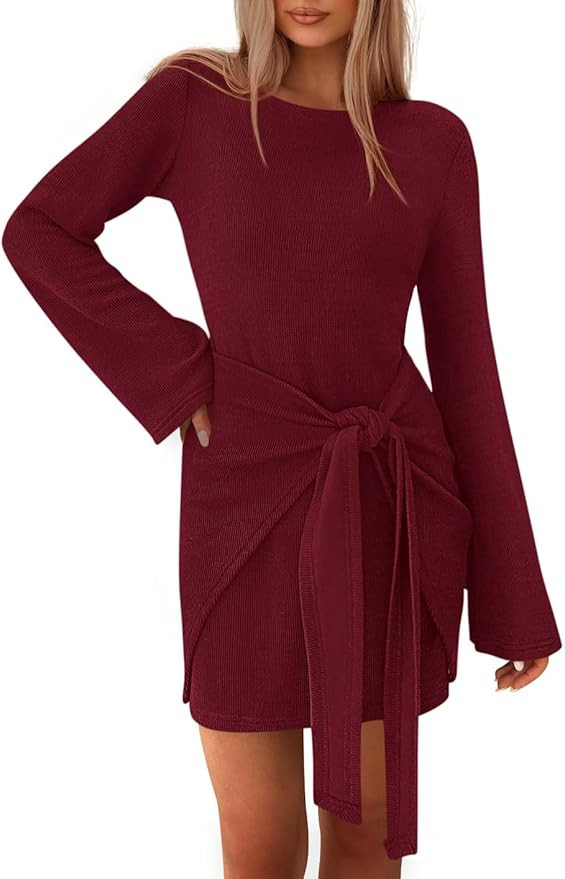 dowerme Women's Casual Mini Dress 2025 Bell Long Sleeve Boat Neck Tie Waist Bodycon Dresses Knitt... | Amazon (US)