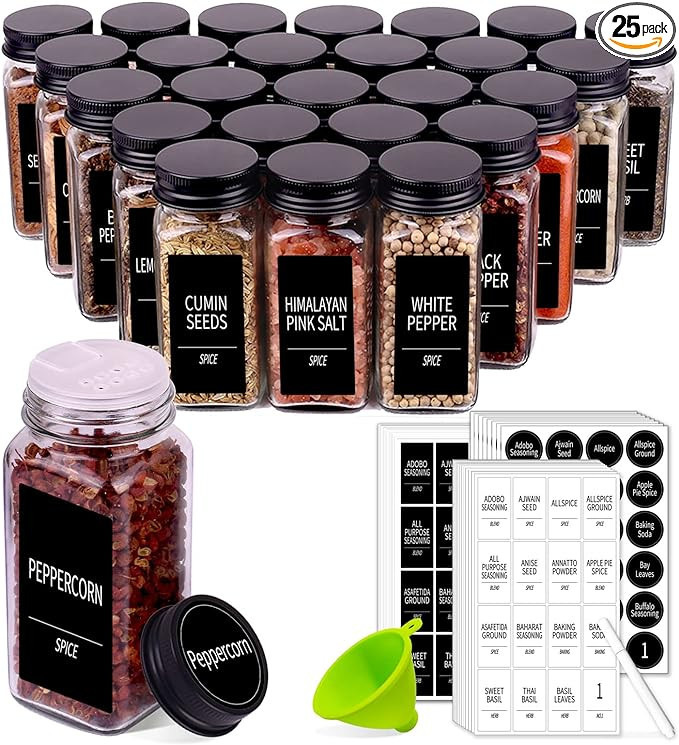 Churboro 25 Spice Jars with 547 Labels- Glass Spice Jars with Black Metal Caps, 4oz Empty Spice C... | Amazon (US)