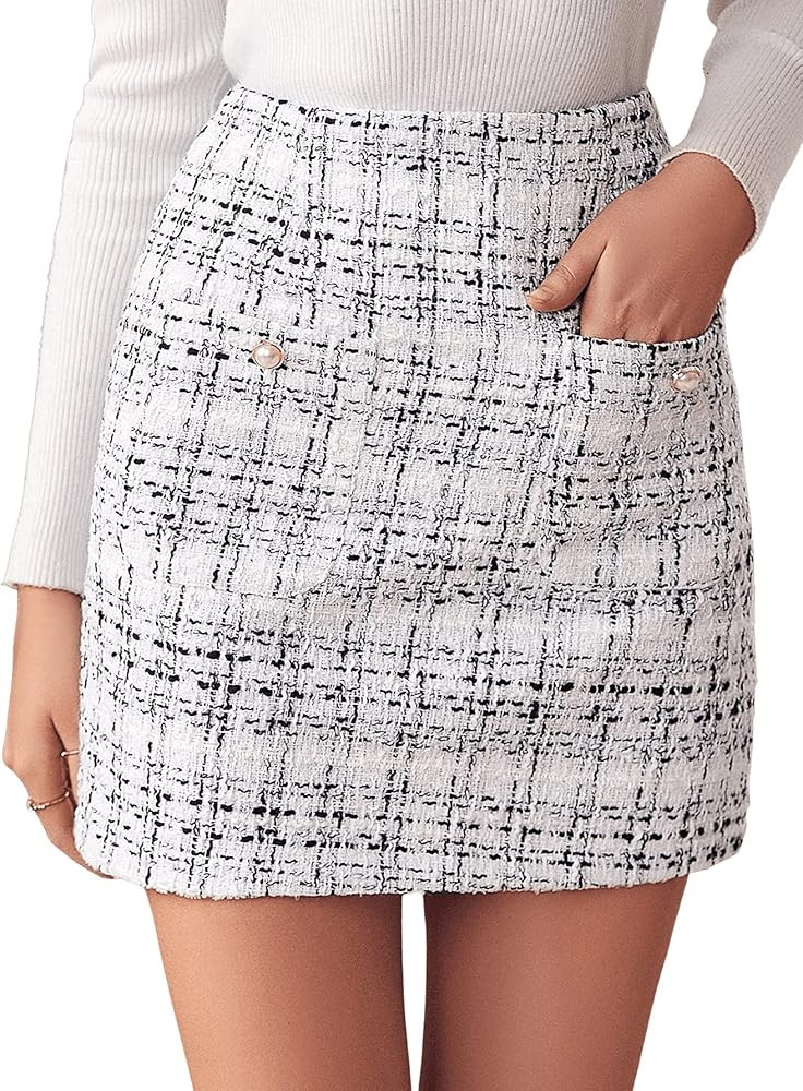 SweatyRocks Women's Elegant High Waist A-line Plaid Tweed Mini Skirt | Amazon (US)