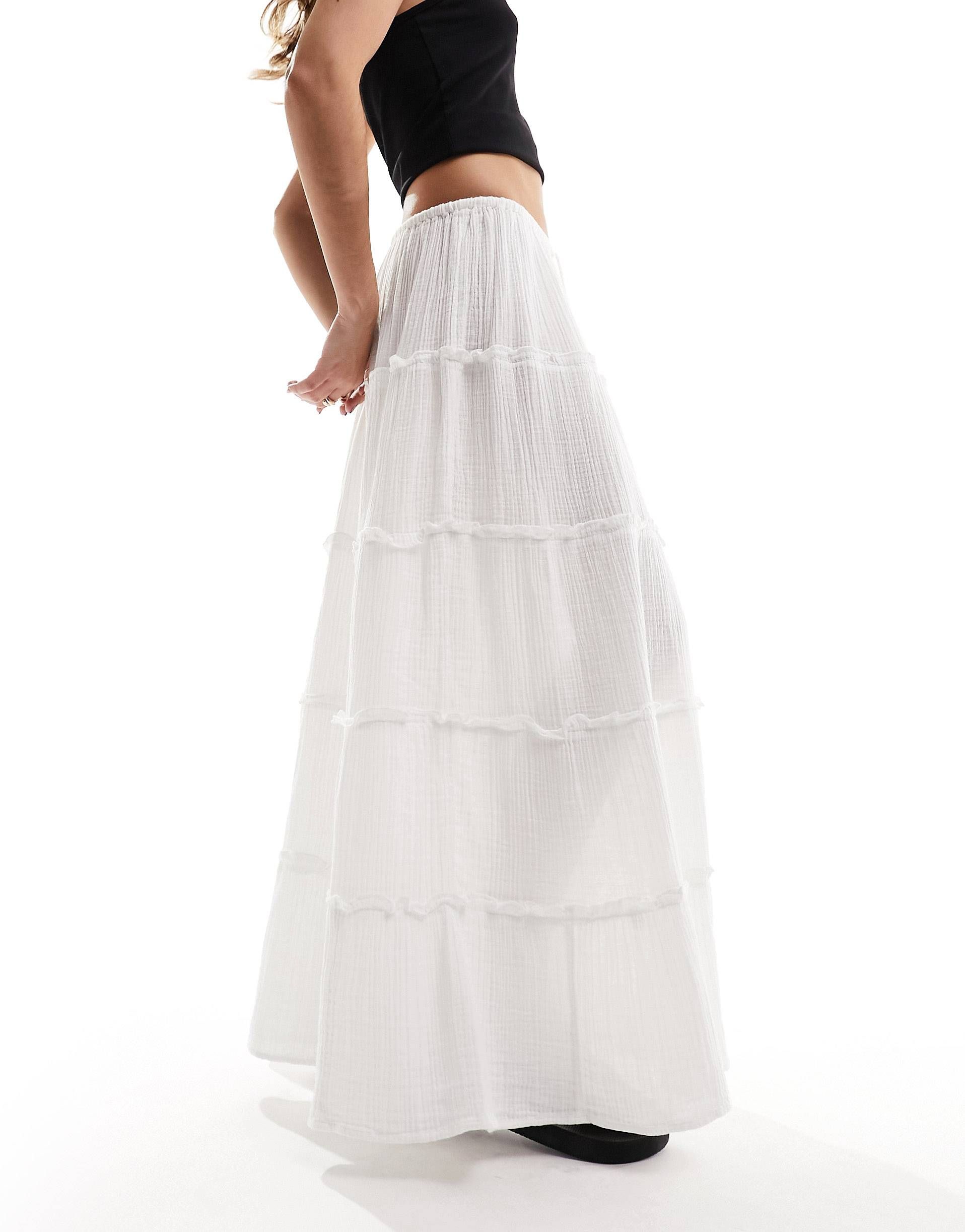 IIsla & Bird maxi ruffle tiered draw string beach skirt in white | ASOS | ASOS (Global)