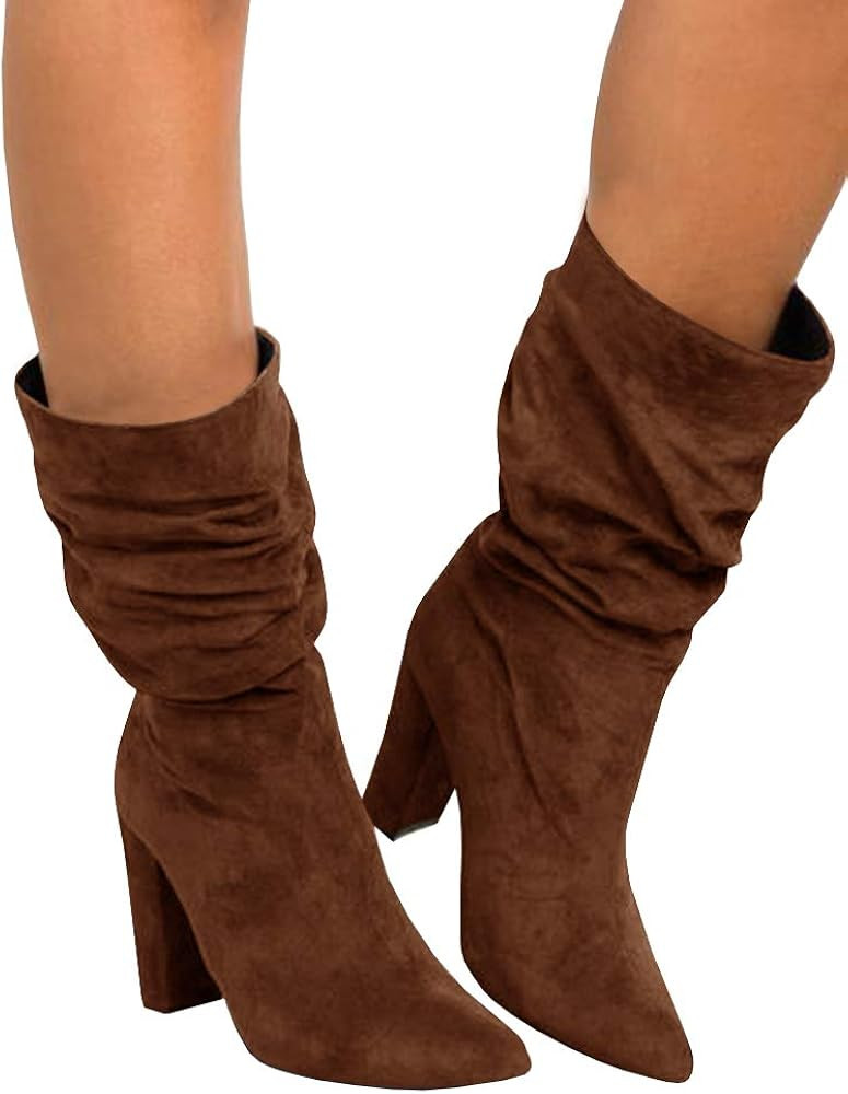 Womens Winter Slouchy High Heel Boots Mid Calf Suede Slip on Chunky Block Pointed Toe Boots | Amazon (US)