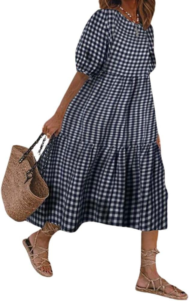 chouyatou Women's Retro Lantern Puff Sleeve Plaid Dress Gingham Swing Tiered Midi Long Dress | Amazon (US)