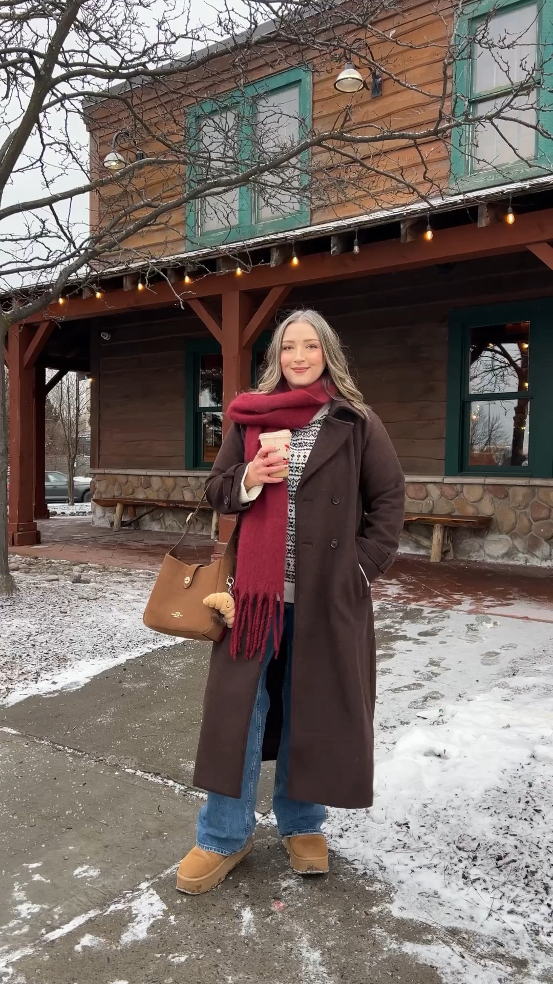 Festive winter outfit! Wearing my usual size L in the chocolate brown wool coat, and 32 in my all time fave jeans. Ugg style boots are from Amazon and such good quality, I’m a 9.5-10 and wear a 10. Linked similar neutral fair isle sweaters


#LTKmidsize #LTKsale #LTKwinter