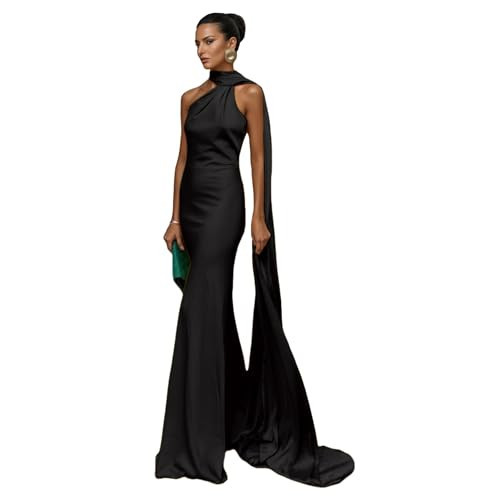 Women's Sexy Satin One Shoulder Backless Sleeveless Maxi Dress with Scarf Elegant Long Formal Evening Dresses Cocktail Gown Wedding Guest Dress Black | Amazon (US)